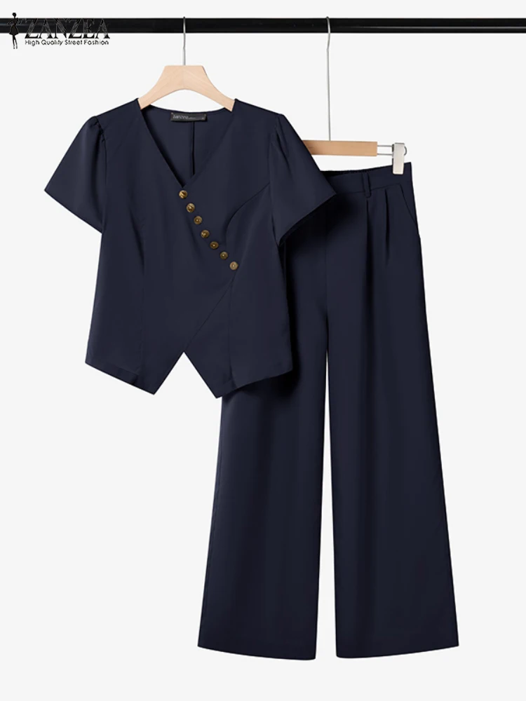 

2PCS Summer Pant Sets ZANZEA Women Work Matching Sets Elegant V Neck Short Sleeve Blouse Trousers Suit Casual Work Outfits 2025