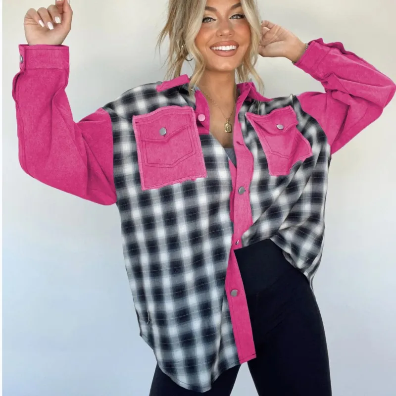 

2025 Ретро контрастная клетчатая женская шерстяная рубашка, повседневный кардиган на пуговицах, модная свободная куртка с длинными рукавами и лацканами