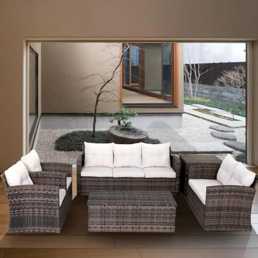 Outdoor Wicker Rattan Sofá secional e Sofá Set, Mobiliário Pátio, 2 Mesas de Armazenamento e Almofadas, Conversa Set, 6 PCs