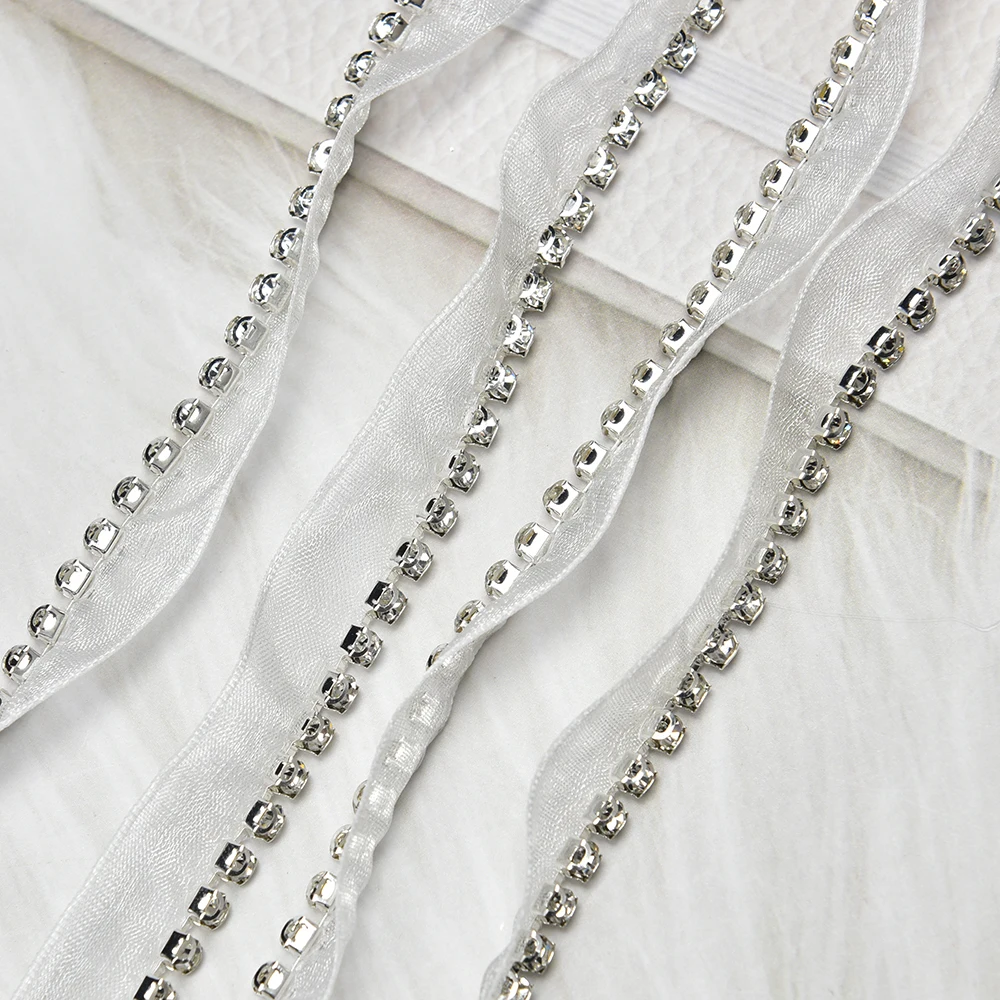 Unilateral Rhinestone Claw Chain White and Black Mesh Lace Trim Crystal Sew on Ribbon for Clothes Collar Shoes Decoration