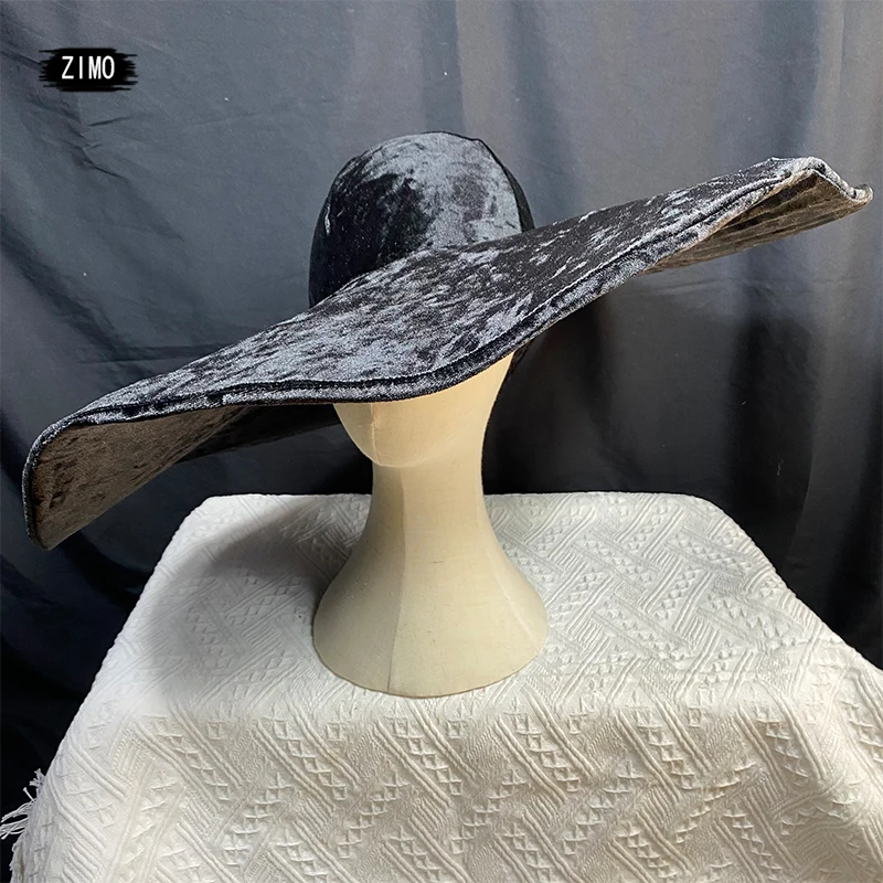 

Fashion Black Velvet Large Brim Hats Elegant club Prom Hat women Floppy Wide Brim Cap Foldable Dancer Singer Stage Accessories