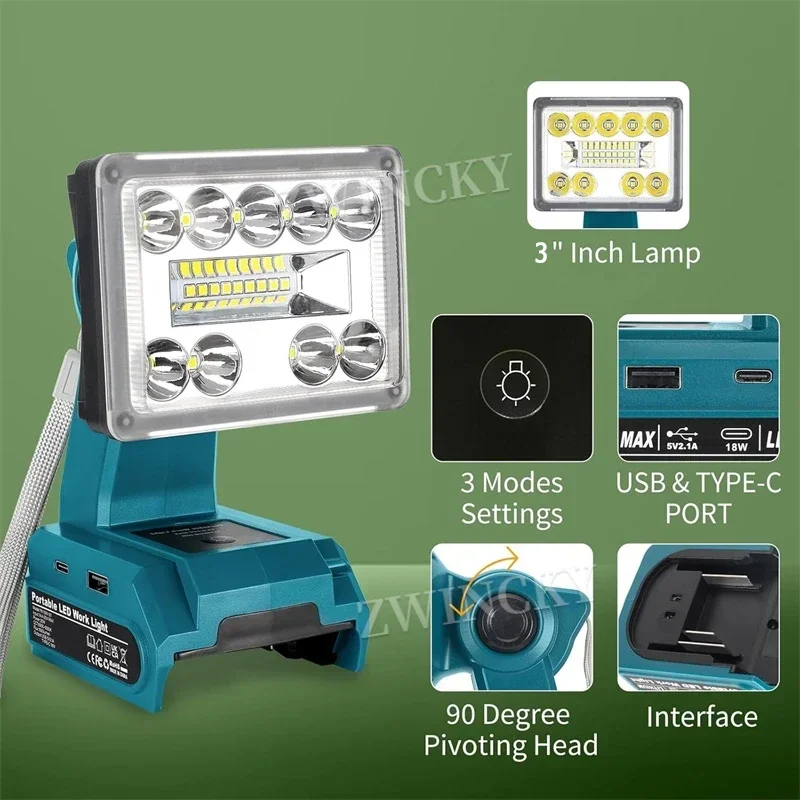 NEW LED Flashlight Flood Light For Makita/Milwaukee/Dewal/Bosch/Black&Decker/Craftsman/Ryobi，18VLi-ion Battery Camping Lightin