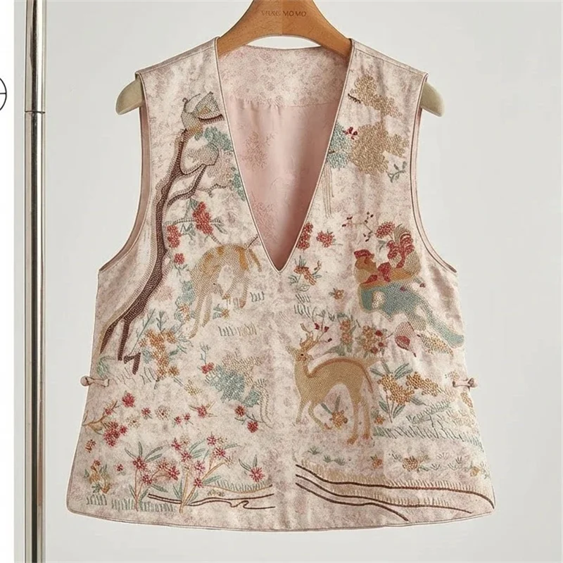 

Women Coat Fashion Spring and Summer Round Collar Sleeveless Waistcoat Loose Embroidery Vest Coat Joker Women Cardigan Jacket