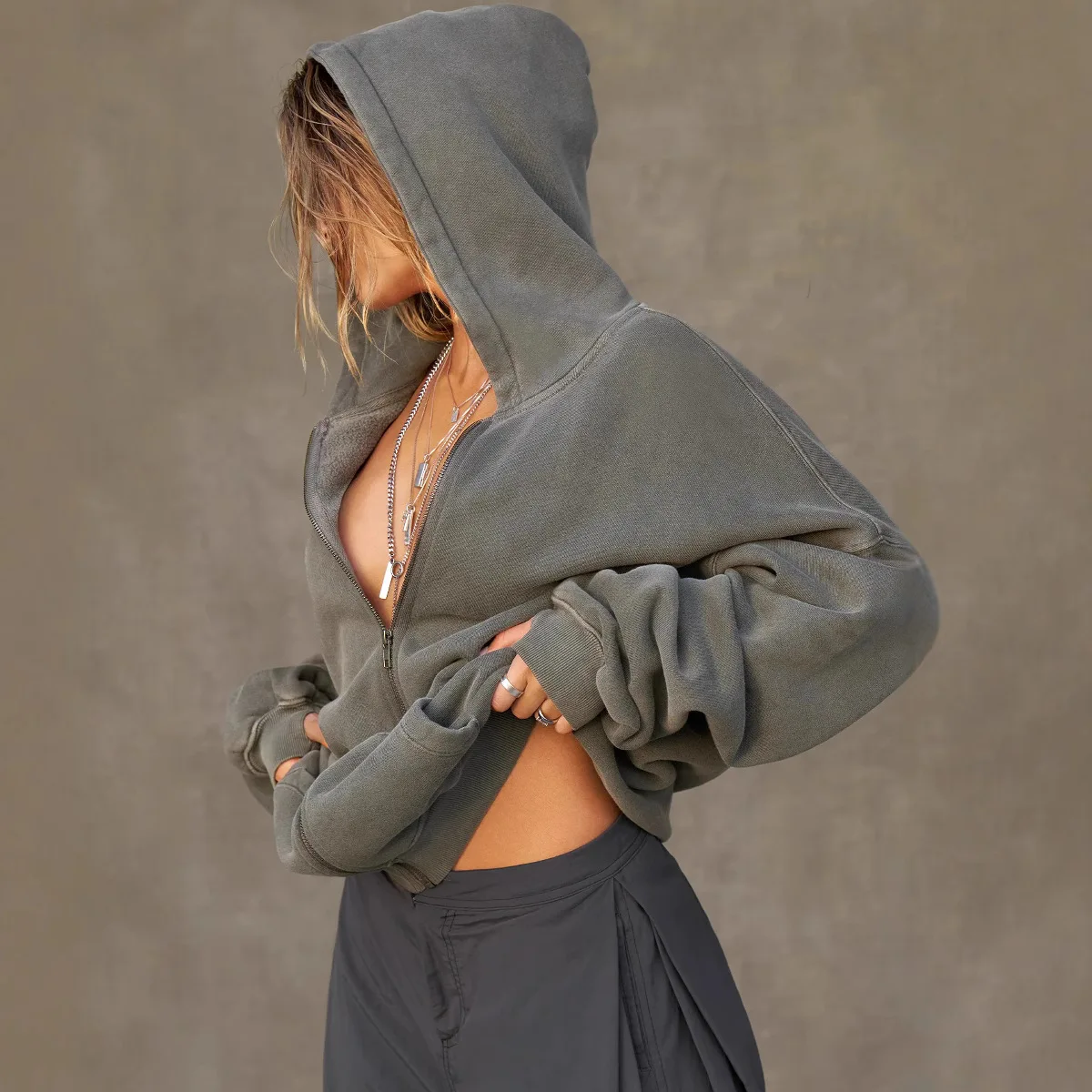 Street style hooded cardigan sweater autumn and winter independent station casual sports jacket top fashion women jacket