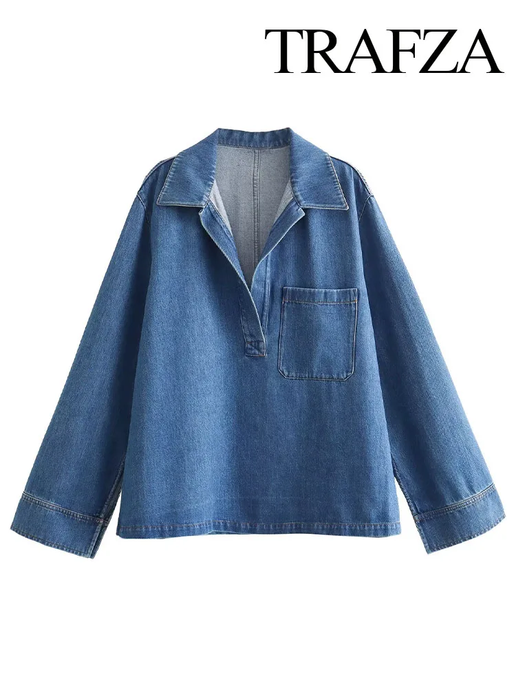 TRAFZA Women Autumn Loose Denim Coat Vintage Lapel Pocket Decoration Long Sleeve Top Elegant Split Hem Female Pullover Top