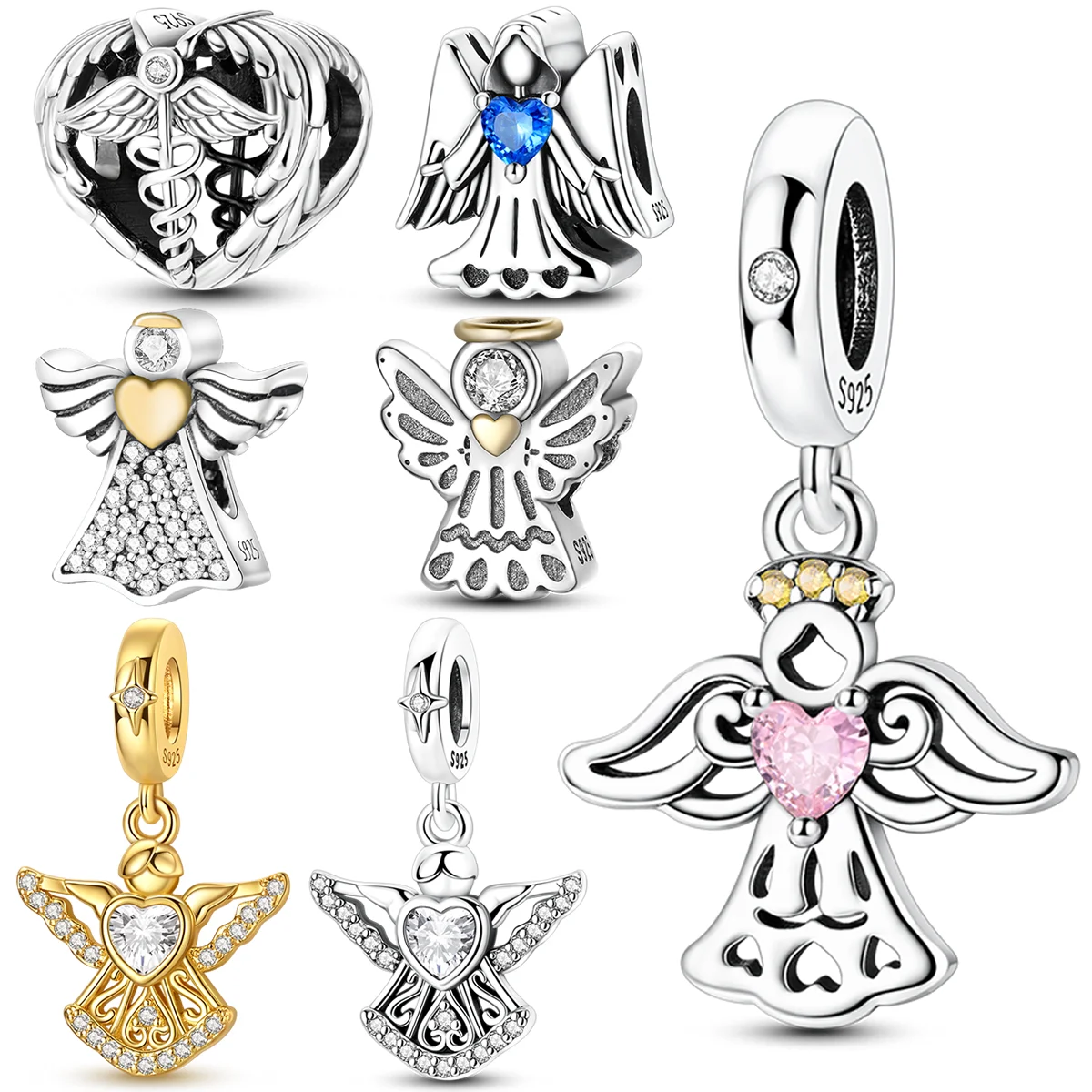 925 Sterling Silver Angel Charms Bead CZ Zircon Love Heart Angel's Guardian Pendants Fit Original Bracelet DIY Jewelry Gift