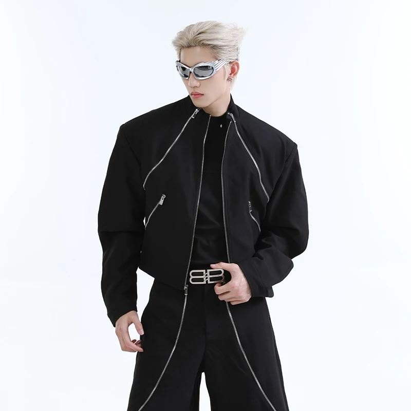 FEWQ Silhouette Multi Zipper Collarless Casual Jacket Loose Versatile Pants Set 2024 Solid Color Darkwear Male Sets 24E2229