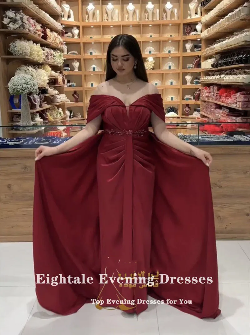 Eightale Burgundy Evening Dress Satin Off the Shoulder Beaded Sashes Mermaid Prom Gown Wedding Party Dress Vestidos De Noch