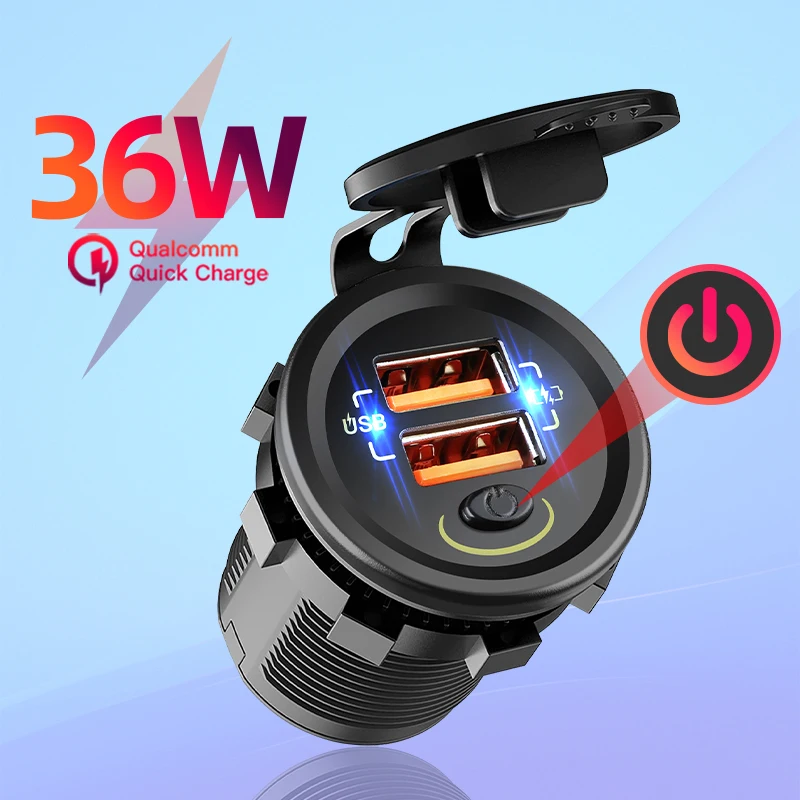 Waterproof 12-24V Dual USB Charger Cigarette Lighter Voltmeter Car USB Socket with On/Off for Marine Car Boat Trailer Motorhome 2