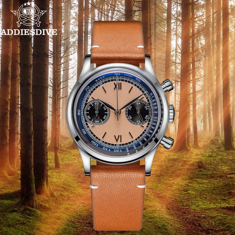 ADDIESDIVE Retro Watches Men Chronograph Fashion Leather Waterproof Luxury VK64 Quartz Watch Bubble Mirror Glass Wristwatch