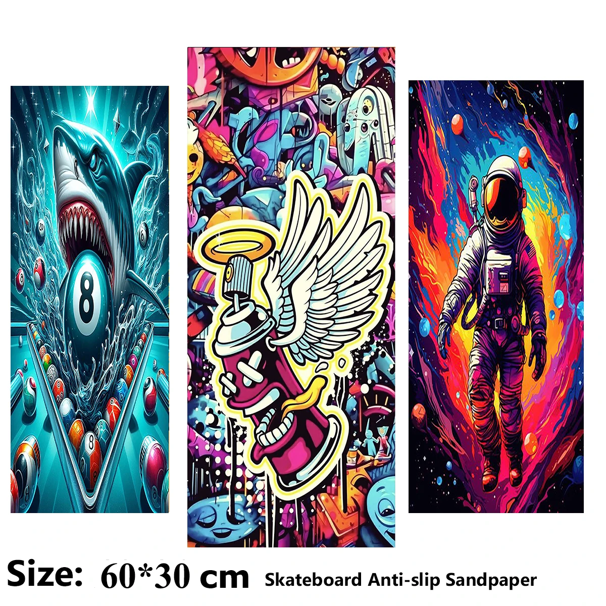 Shark Billiard Wings Cartoon Paint Pattern Electric Scooter Anti-slip Sticker Sandpaper Skateboard Grip Tape Sheet 60*30cm