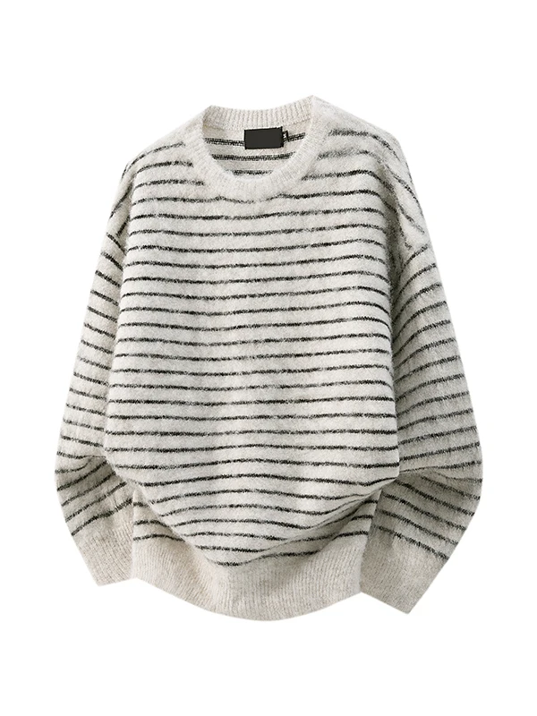

Japanese Sle round Ne Mink Imitation Knitwear Men's Loose Striped Color Blo Winter Faion Retro Sweater Casual Wear