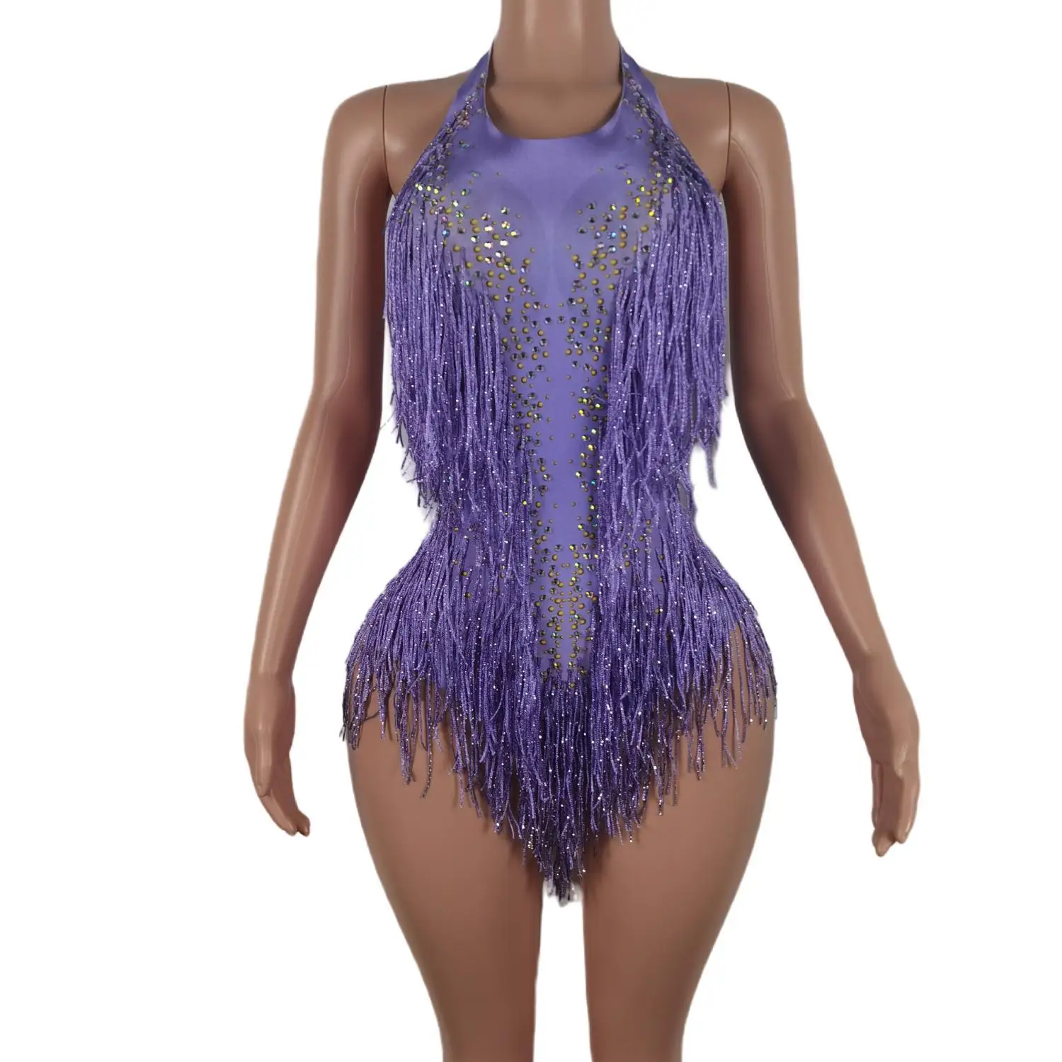 New Fashion Purple Tassel One Piece Leotard Off Shoulder Pole Dance Bodysuit Flash Diamond Latin Dance Performance Dress Liusu