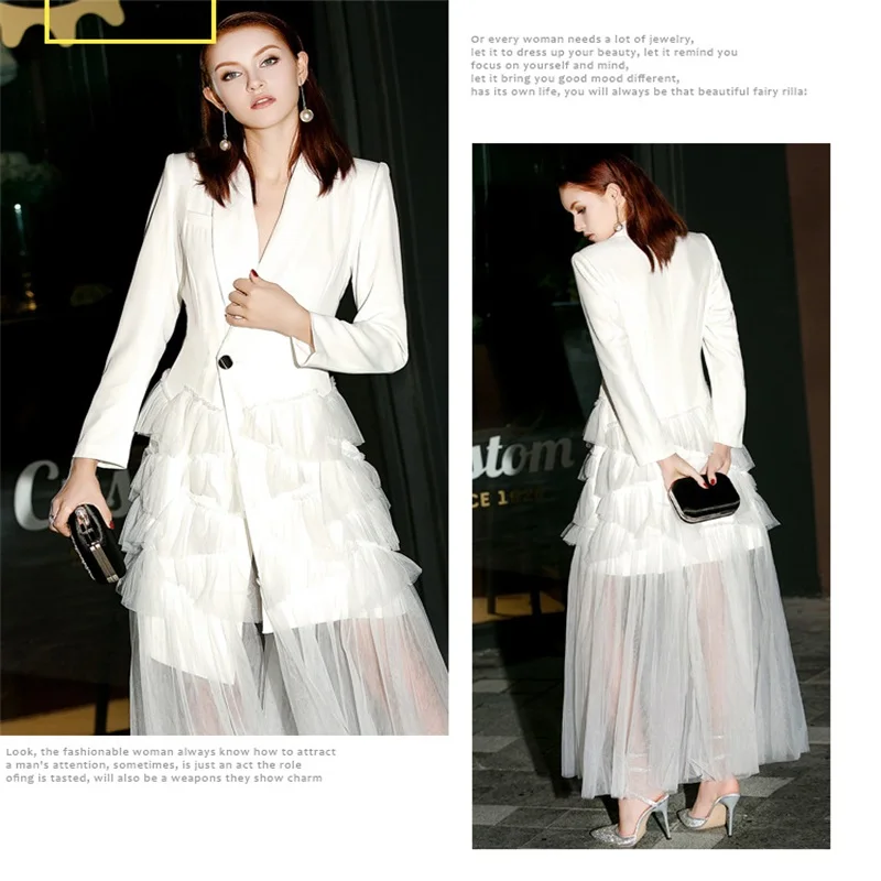 Designer Long Women Suit Blazer Tulle Prom Dress Stitching Party Gown One Button Formal Office Lady Jacket Outfit In Stock