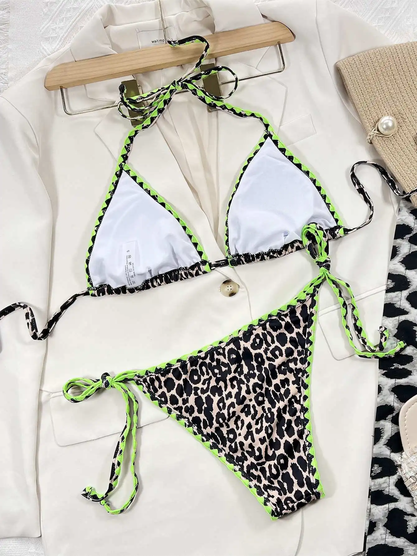 Women's Sexy Leopard Bikini Set Two Pieces Halter Swimwear Side Tied Thong Backless Summer Beachwear Bathingsuit image 6