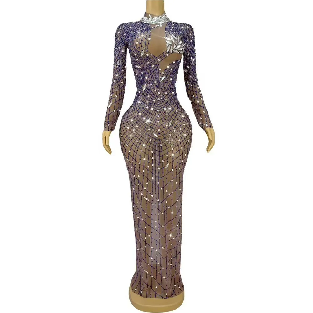 

Sexy Luxurious Elegant Gown Shining Rhinestones Mesh Dress Women Birthday Evening Party Blingbling Photoshoot Outfit