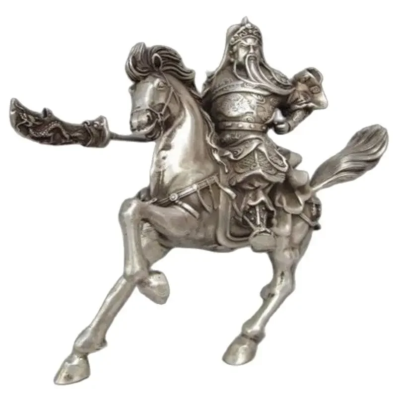 Chinese Collectable Tibet Silver Warrior God Guan Yu & Horse Statue