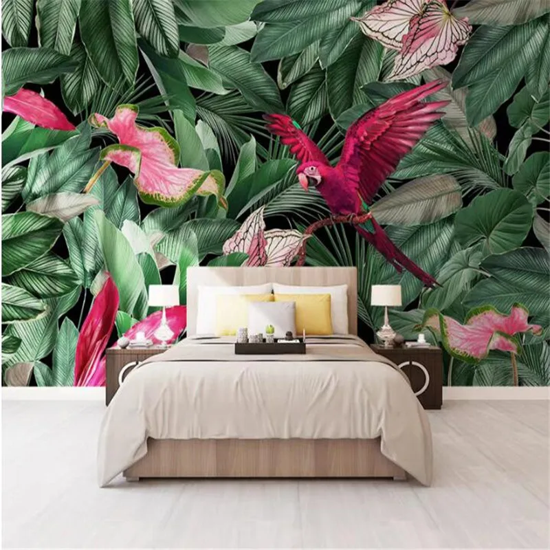 HD Seamless Print Wall Mural Tropical Leaves&Flowers Parrot Wallpaper for Botanical Background 3d Plant Sticker Decor