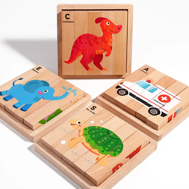 Drewniane stereoskopowe paski, klocki konstrukcyjne transportu zwierząt, puzzle edukacyjne z dinozaurami, puzzle z wzorem 4-stronnym