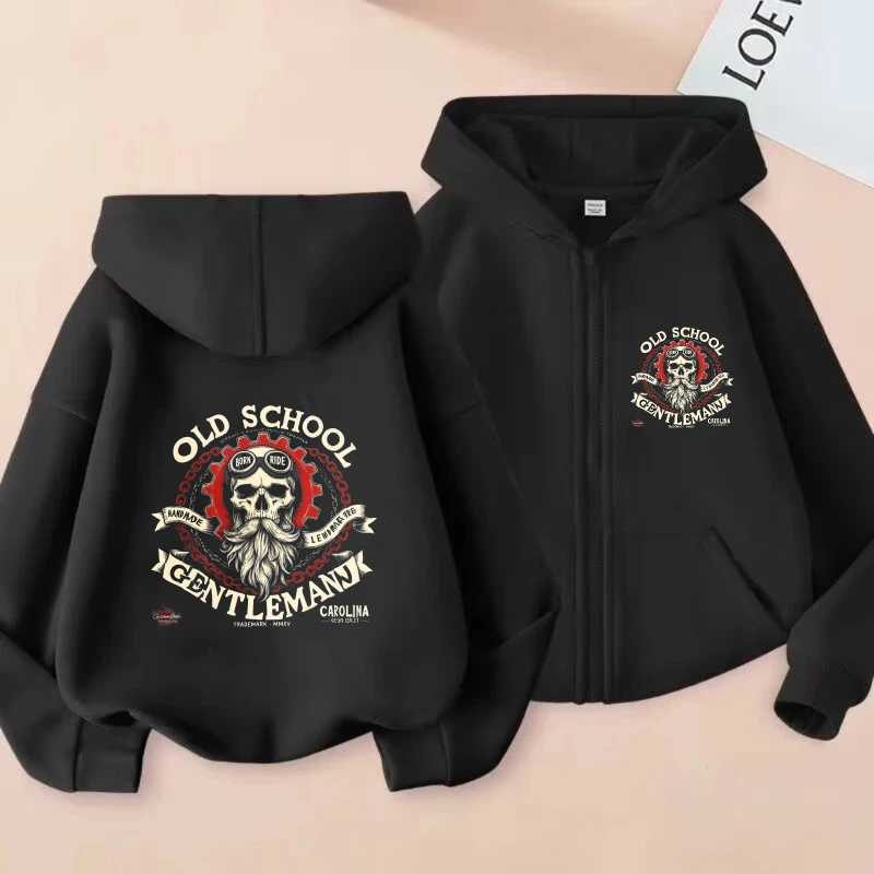

Men's Hooded Jacket Black Old School Gentleman Skull Print Zip-Up Hoodie for Casual Streetwear and Daily Wear