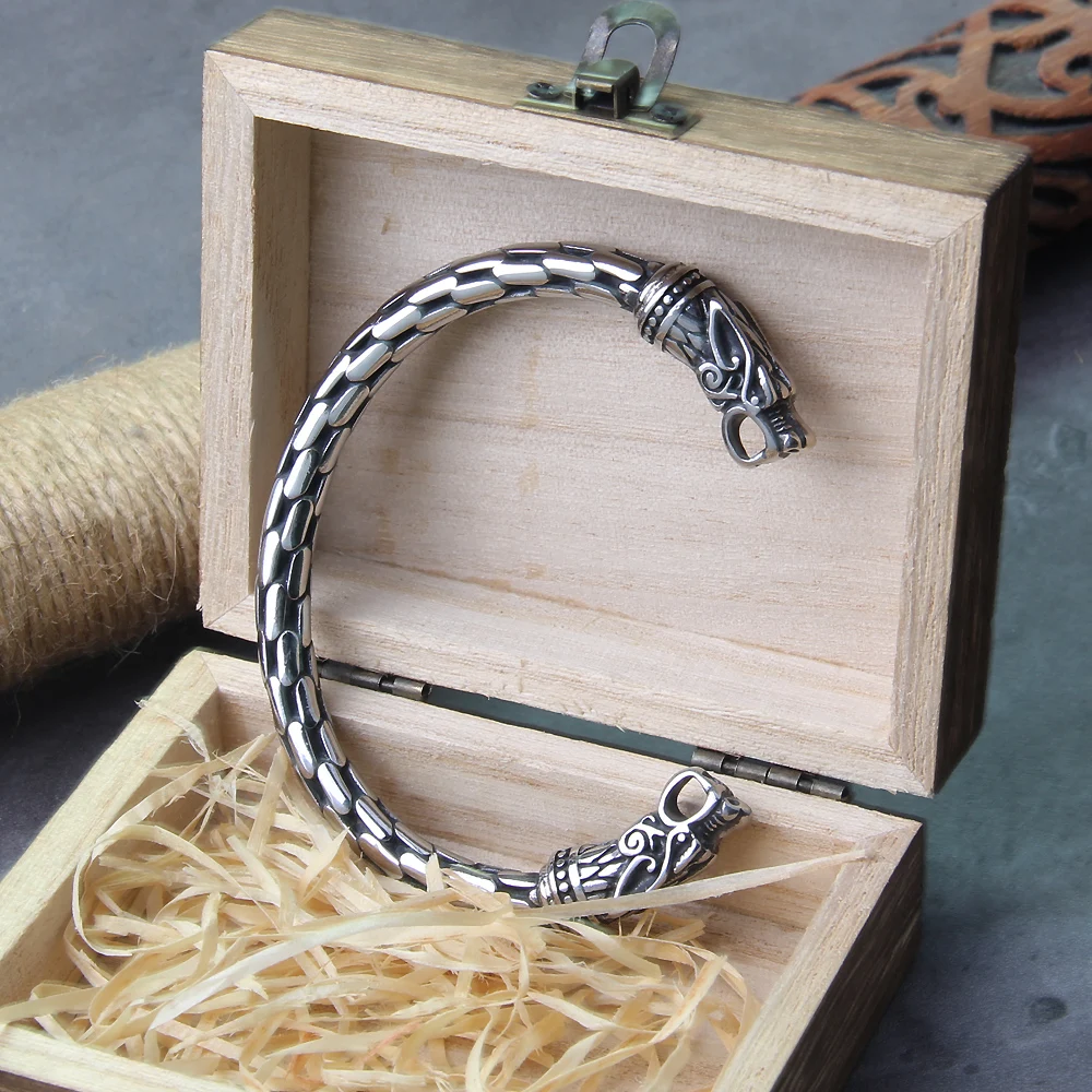 Stainless Steel Nordic Viking Norse Dragon Bracelet Men Wristband Cuff Bracelets with Viking Wooden Box