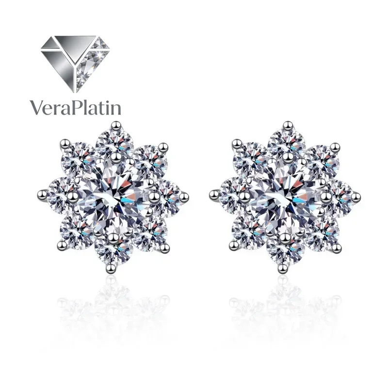 

VeraPlatin Women Valentine's Day 18K White Gold Wedding Flower Stud Earrings 0.5/1CT Moissanite Diamond PT950 Platinum Girl Birt