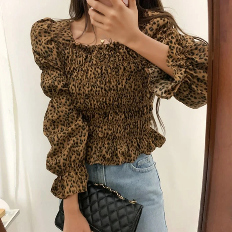 Vintage Puff Long Sleeve Women Blouse Leopard Print Shirt Fashion Spring Elegant Square Neck Chic Short Tops