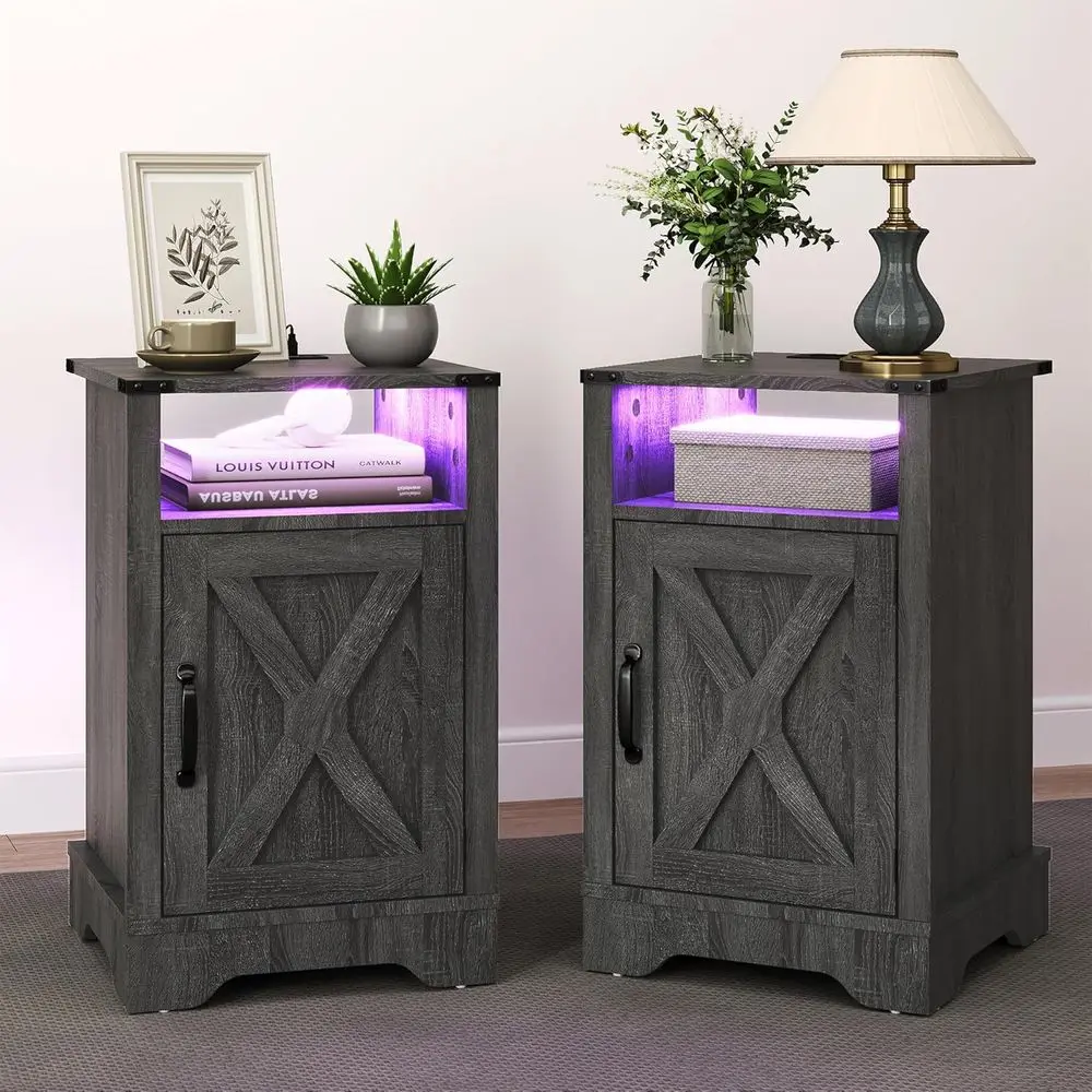 

Grey Nightstand with LED Lights and Charging Station, Wood End Table for Bedroom and Home Office, Dark Grey Storage nightstands