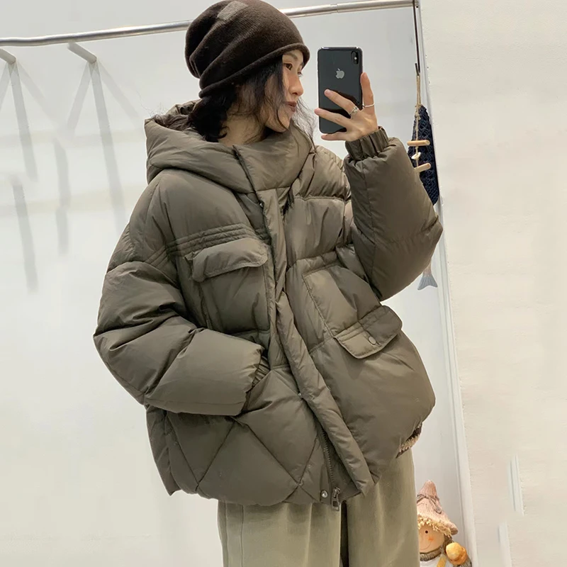 New Winter Hooded Versatile Short Down Coats Women White Duck Down Jacket Thickened Warm Puffer Jacket Loose Over Size Outwear