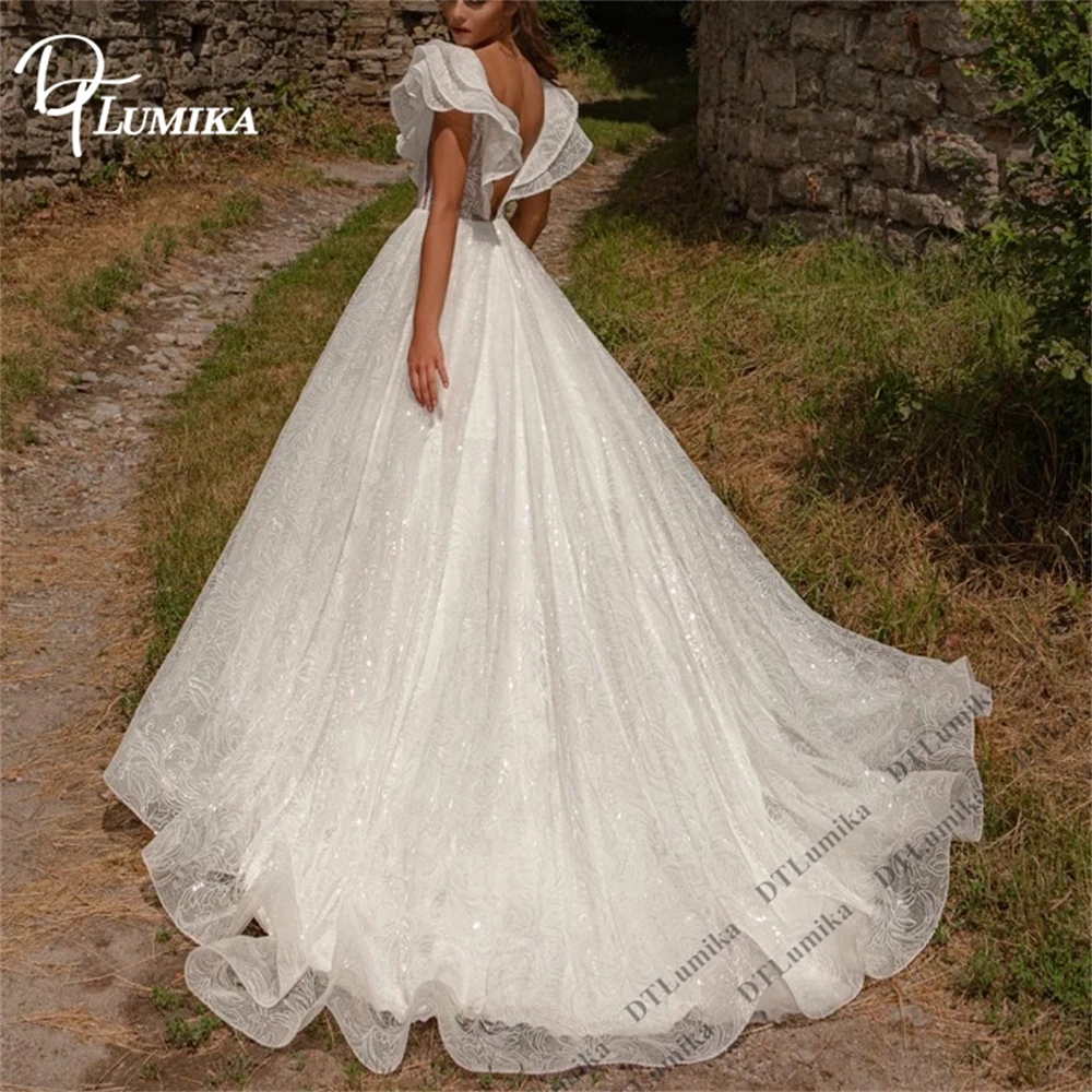 DTLumika  Luxury Unique Lace Wedding Dress Flare Sleeves A Line Long Bride Dresses, Customized Double V Cut Backless Bridal Gown