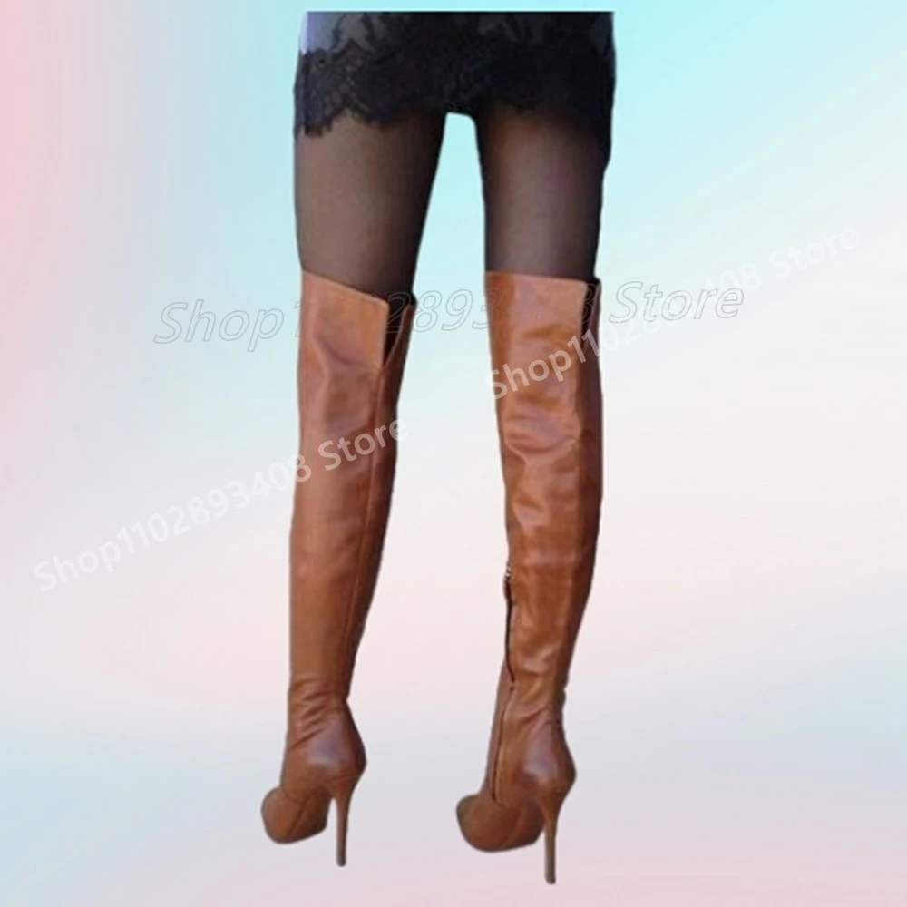 Brown Matte Leather Concise Over the Knee Boots Side Zipper Stiletto High Heel Fashion Sexy Women Shoes 2025 Autumn Para Mujere