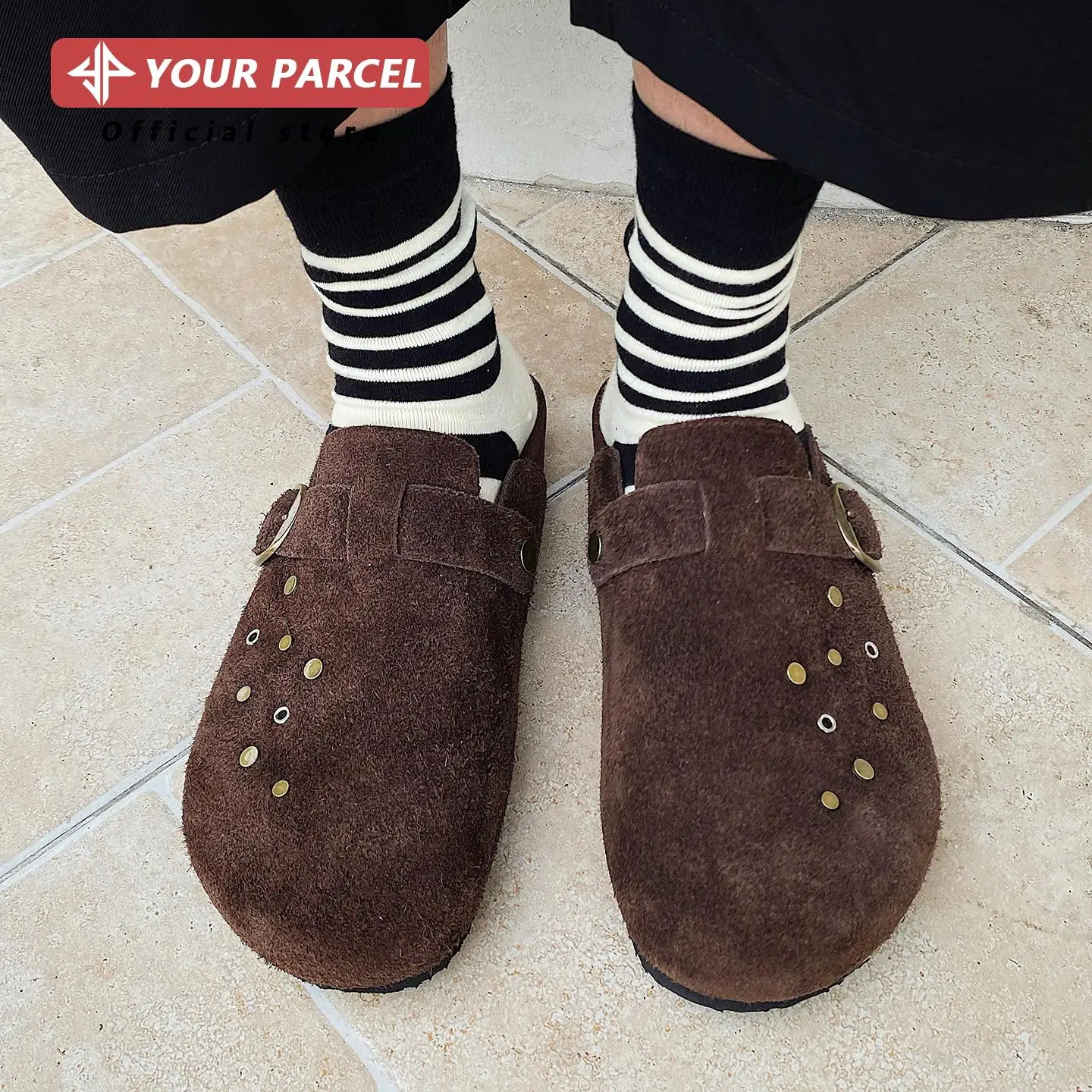 Cow suede Boken shoes men's metal needle buckle design without backless heel Muller shoes casual cork couple outdoor slippers
