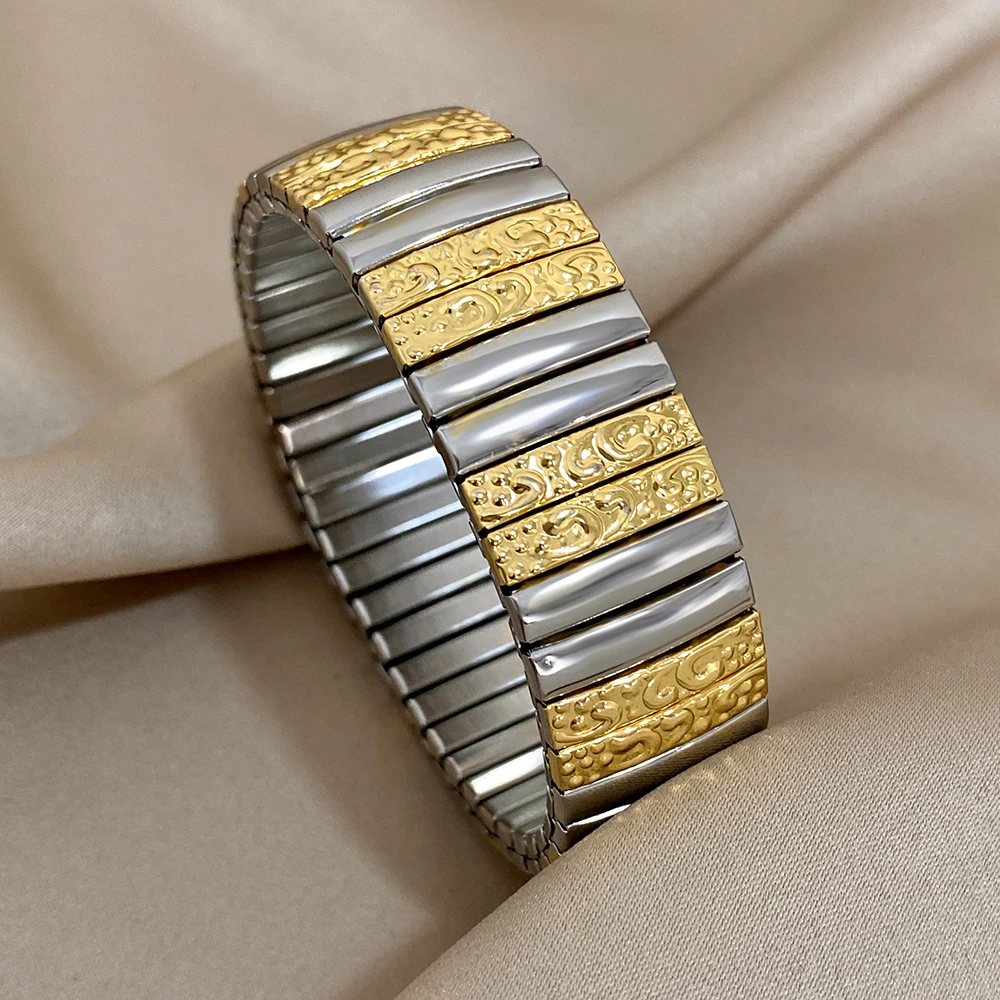

Vintage Stretchable Elastic Bracelet Two Tone Irregular Pattern Stainless Steel Bangle for Women Cuff Wrist Waterproof Jewelry