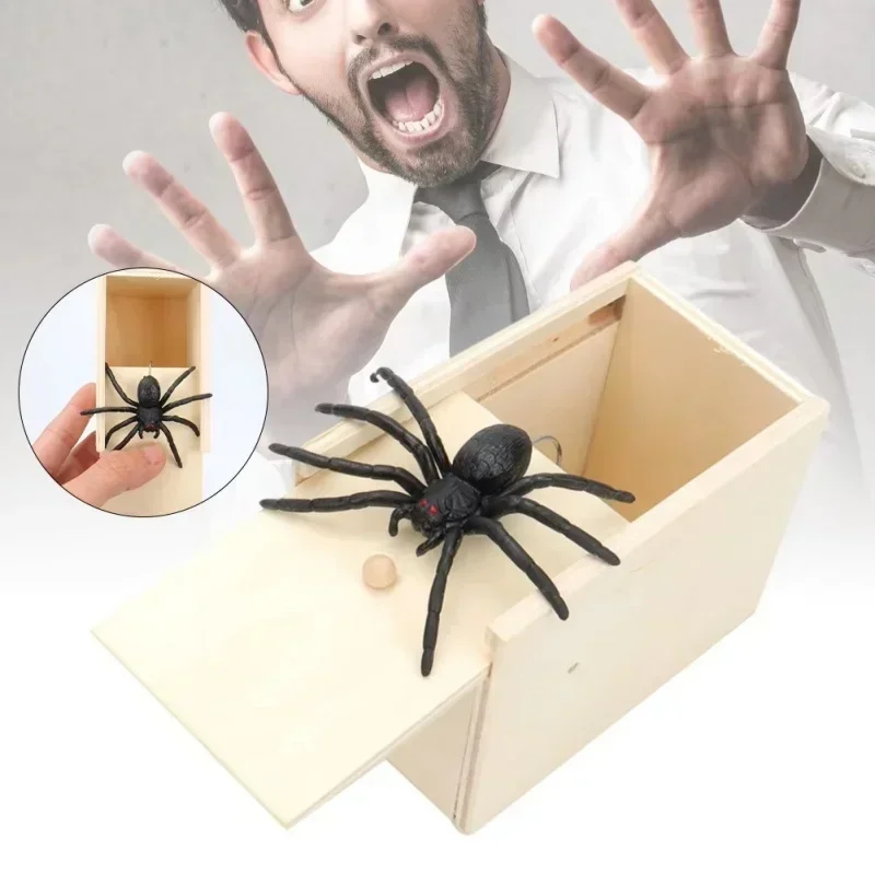 Simulation Spider With Wooden Box Kids Favors Tricky Prank Joke Toy Haunted House Horror Props Halloween Party Decor Supplies