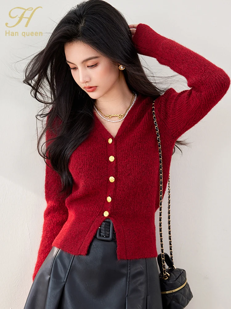 H Han Queen 2024 Autumn Vintage Red Christmas Sweater Korean Chic Knitted Cardigan Women\'s Clothing Casual Basic Long Sleeve Top