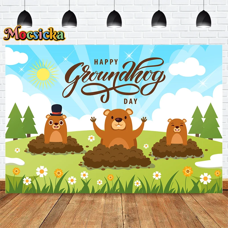 Mocsicka Groundhog Day Happy Party Photography Backdrop Grass Background Customisable Banner Kids Happy Birthday Photo Prop