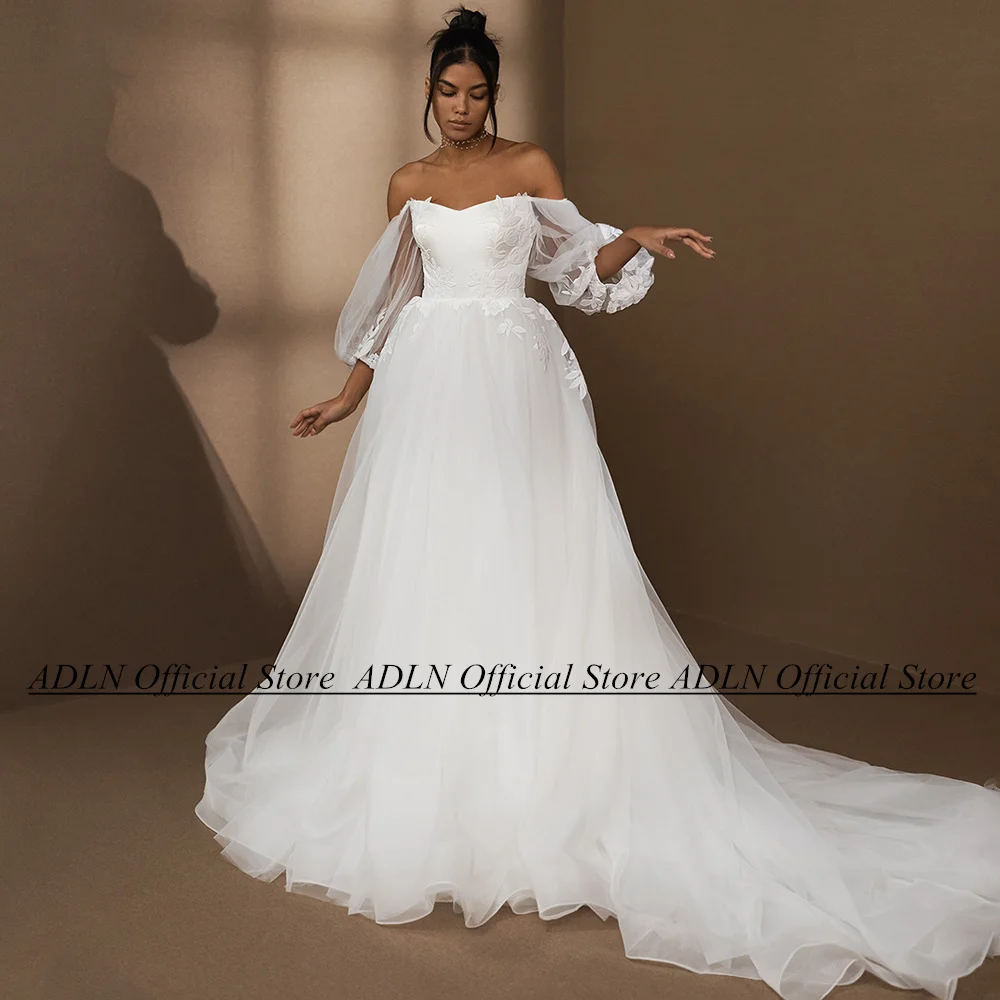 

ADLN Princess Wedding Dress Romantic V Neck Puff Sleeves Applique Sweep Train A Line Tulle Abiti Da Sposa Bride Bridal Gown