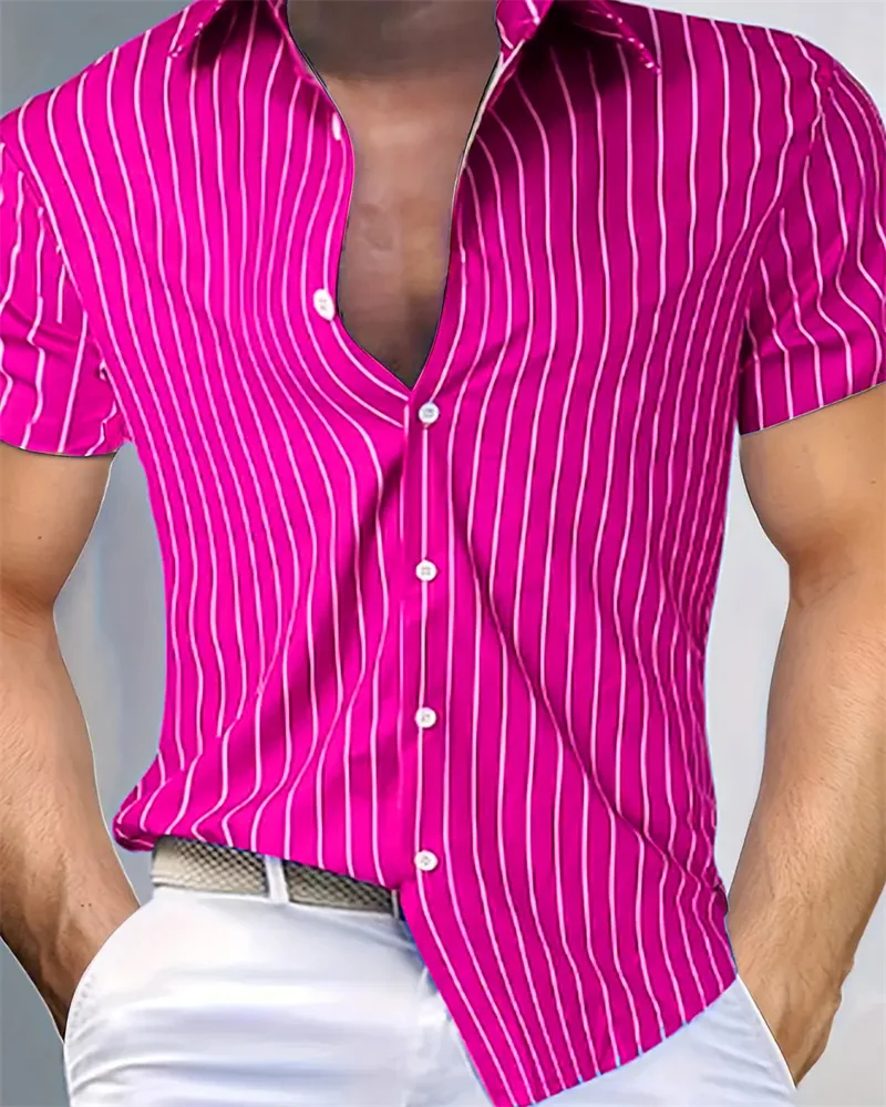 2024 Men's Fashion Loose 13 Color Striped Shirt Casual Breathable Lapel Button Short Sleeve Shirt Top Comfortable Soft Fabric