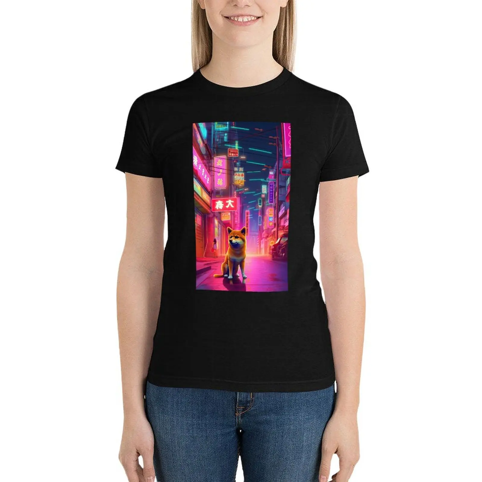 Shiba Inu explores a Neon Lit Street T-Shirt cute tops aesthetic clothes tees hippie clothes luxury designer clothing Women