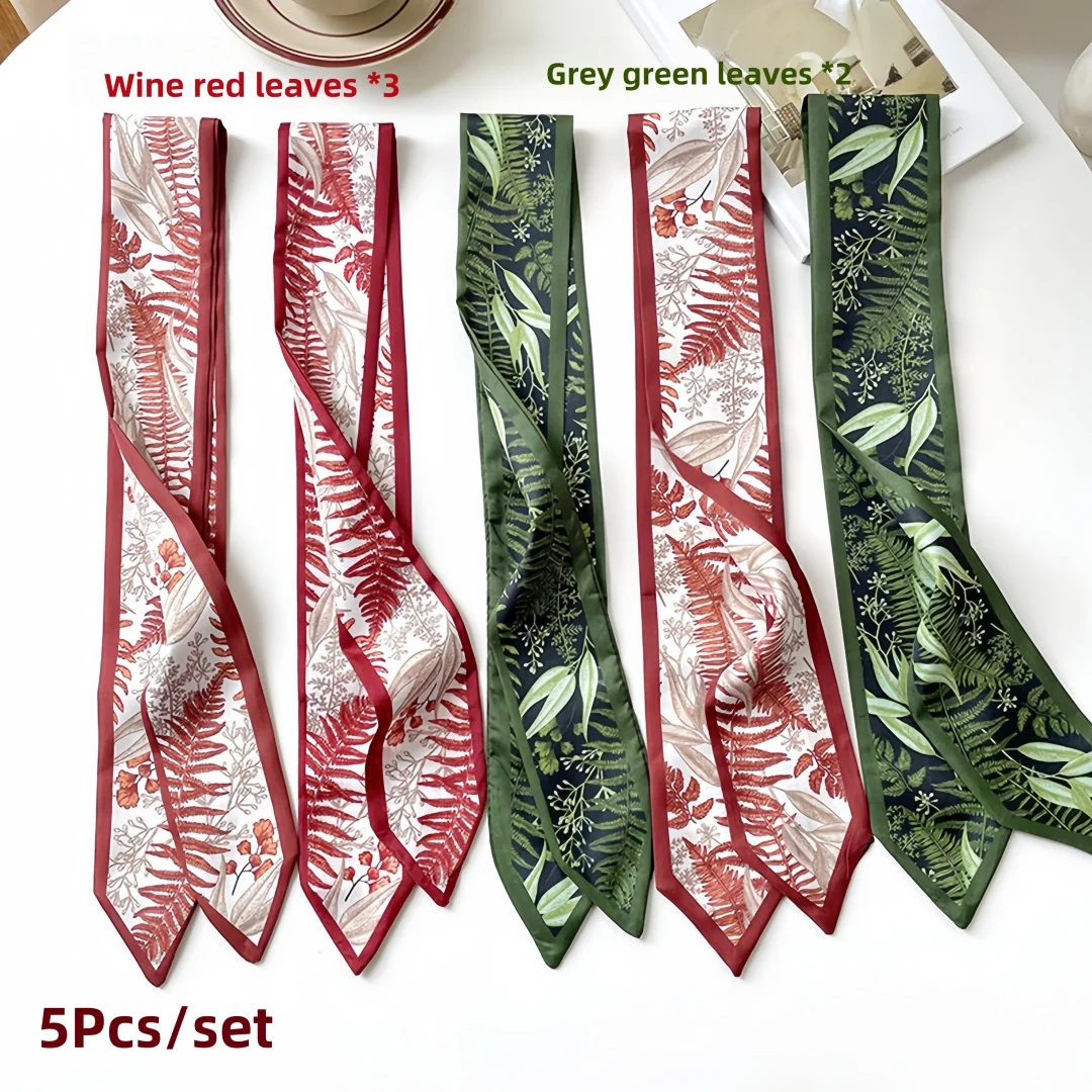 

5Pcs/Set Green Leaf Ribbons for Hair Bow Silk Scarf Necklaces Headband Bandanna Women Versatile Hair Bags Tie