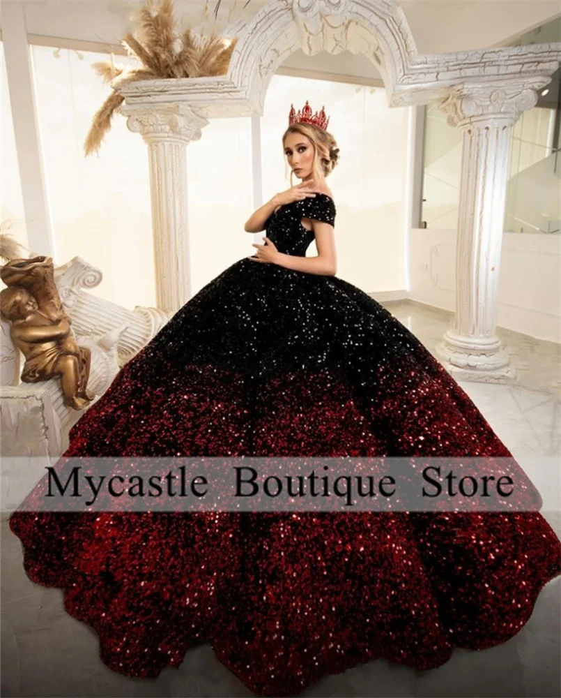 

Red And Black Sequin Long Sleeve Gradient Color Quinceanera Dress Ball Gown Dress 18th Birthday Debut vestido de charra 15 años