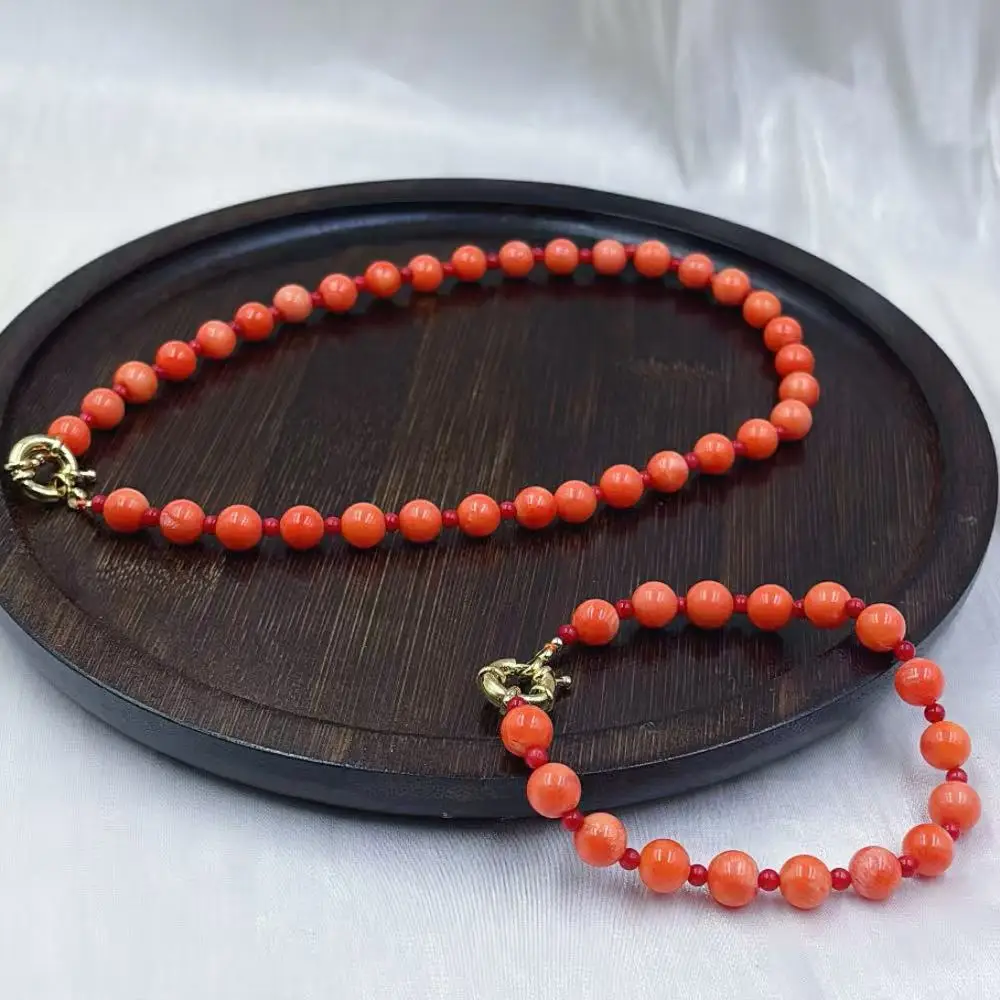 8mm 4mm Natural Bamboo Red Orange Round Coral Beads Necklace Bracelet Wedding Jewelry Set 45cm 18cm