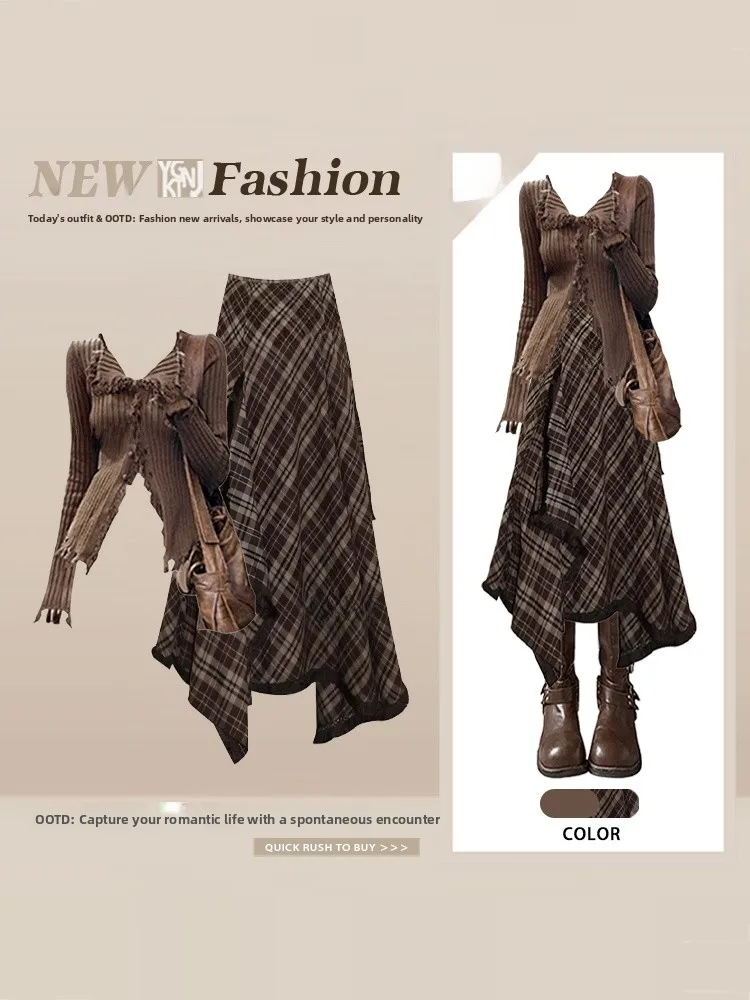 

Vintage Hong Kong Style plus Size Coffee Color Women's Full Set Spring Waist-Cinching Top And Plaid Skirt Midi Skirt Set