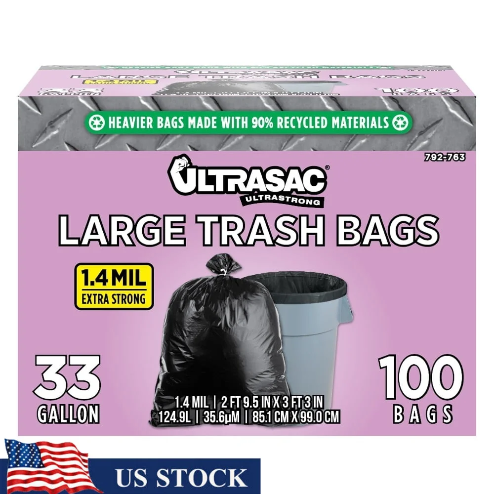 

Heavy Duty 33 Gallon Trash Bags 100 Pack Multi Purpose Durable Black Garbage Bags Kitchen Garage Contractor Use