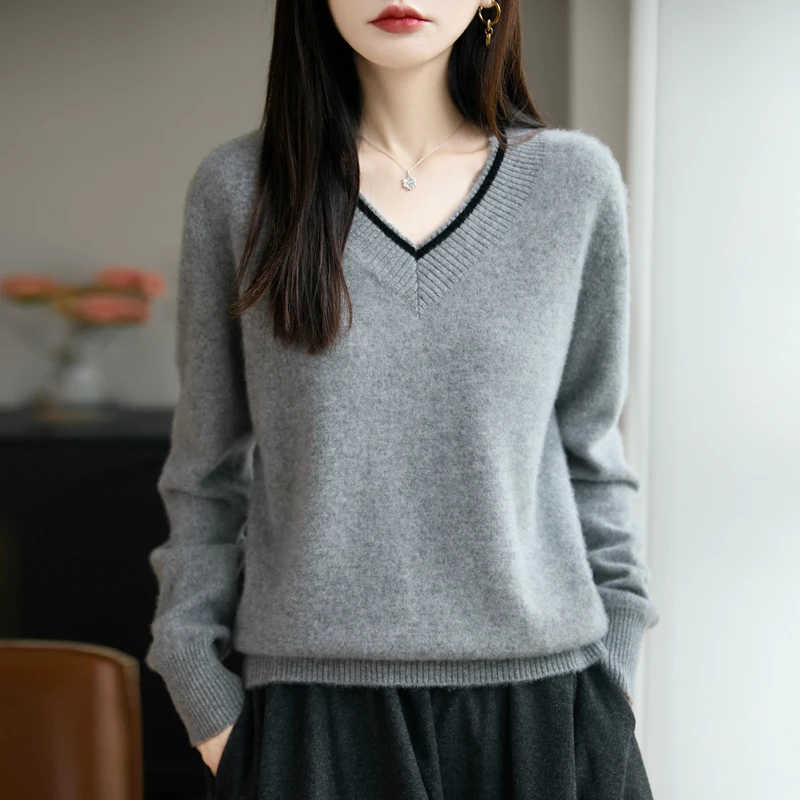 Autumn Winter New Arrival Women's Merino Wool Pullover Sweater V‑Neck Color‑Piping Edge Solid Graceful Long Sleeve Knit Top