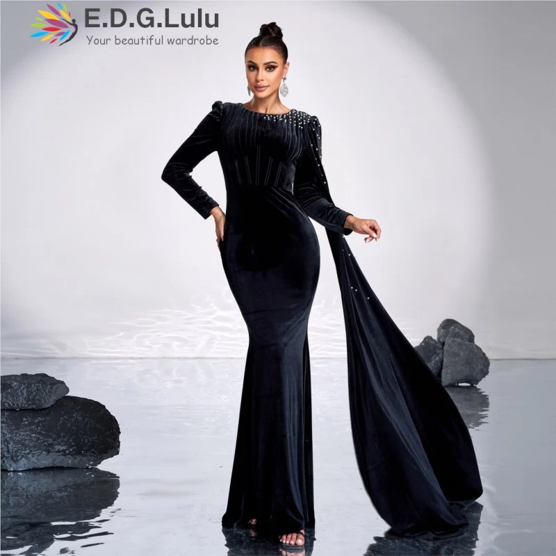 EDGLuLu Design O Neck Rhinestone Splicing Long Sleeved Ribbon Birthday Dress Woman Black Velvet Party Long Evening Dress 1204