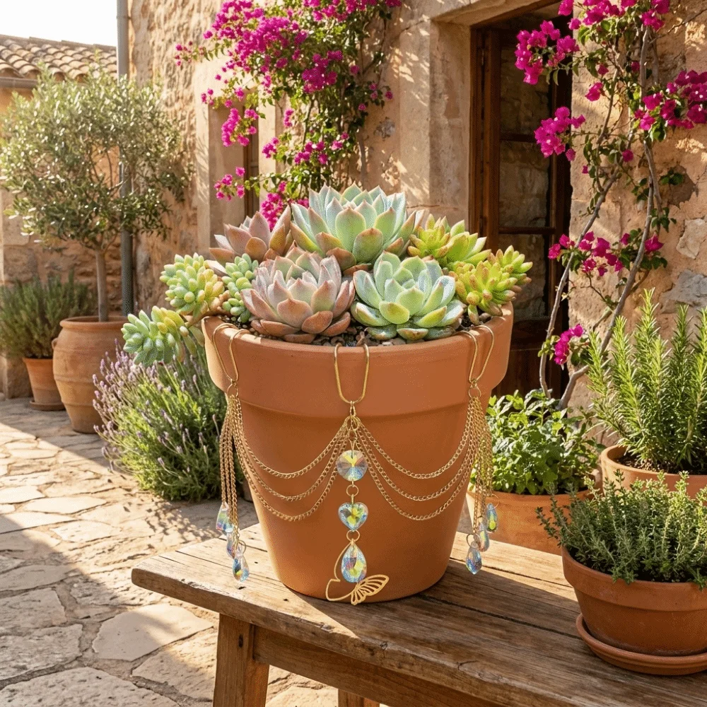 Colorful Flower Pot Crystal Sun Catcher Butterfly Design Exquisite Crystal Beaded Plant Hanger Reflective Decorative