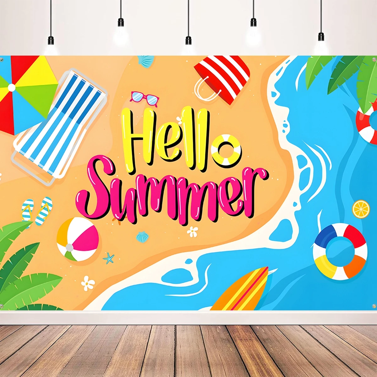 Hello Summer Beach Coconut Tree Background Cloth Seaside Tropical Hawaiian Luau Baby Birthday Holiday Party Photography Backdrop