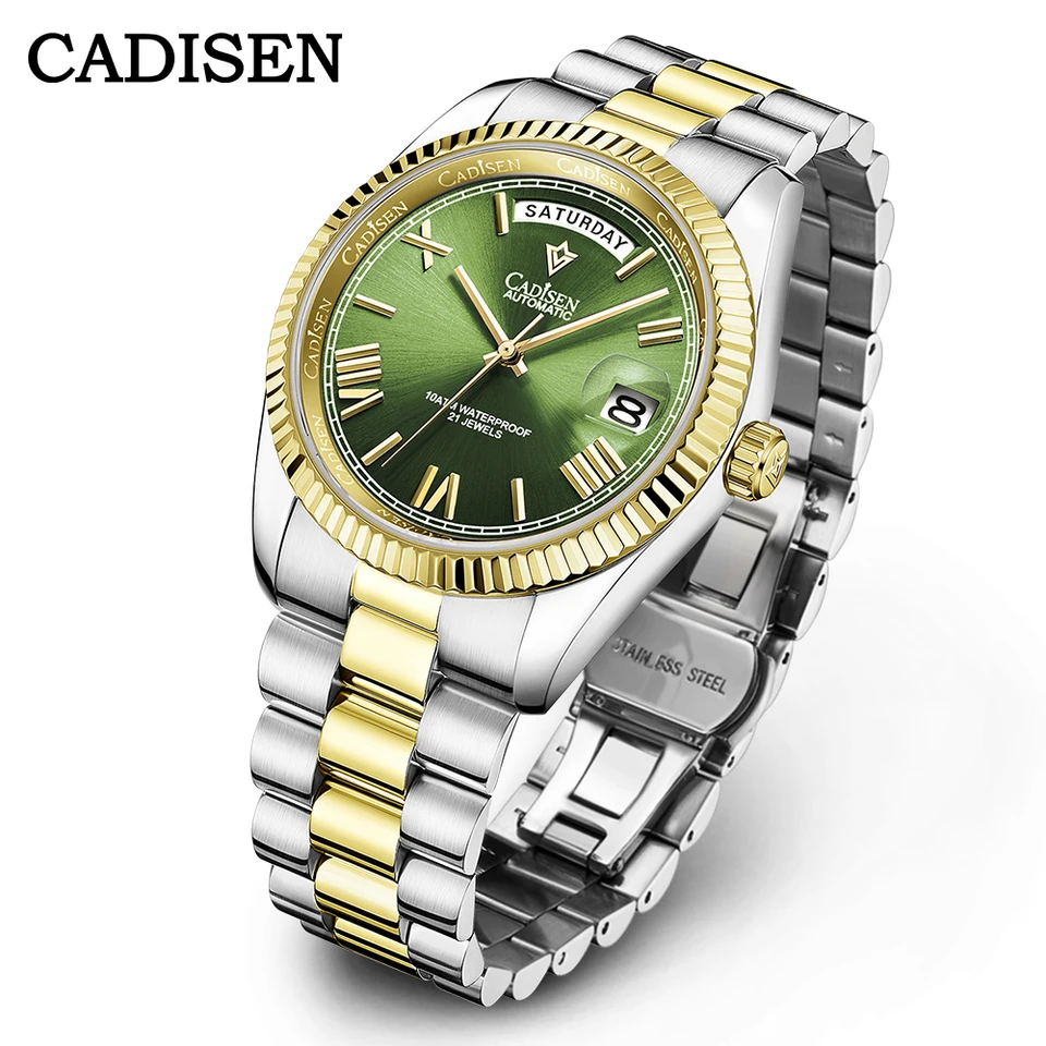 Cadisen c8185 mostrador verde relógios de vidro safira masculino