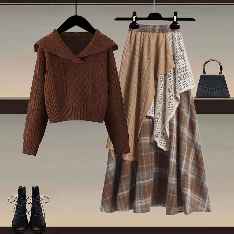 

Осенний вязаный свитер с воротником-стойкой и юбка в клетку: женский модный комплект с кружевными вставками, повседневный винтажный стиль